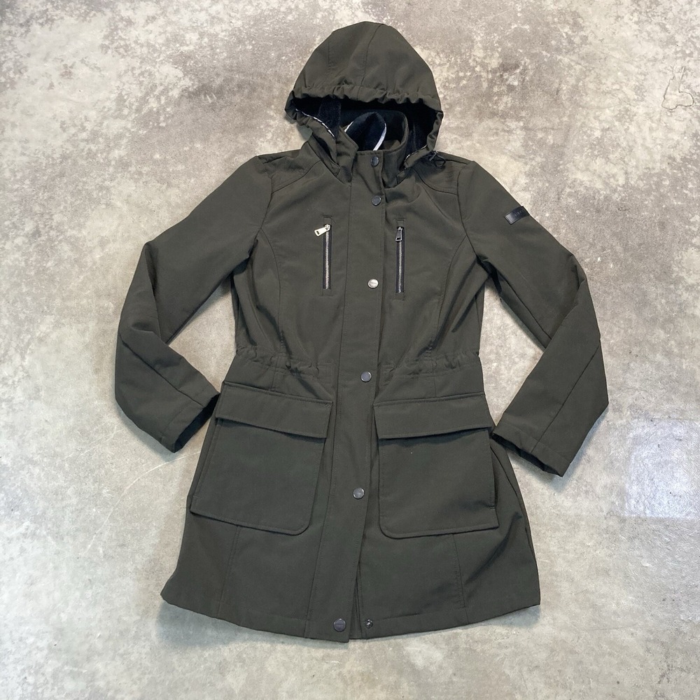 DKNY Jacket Womens Size Small Green Hooded Mid Length Pockets Zip Logo